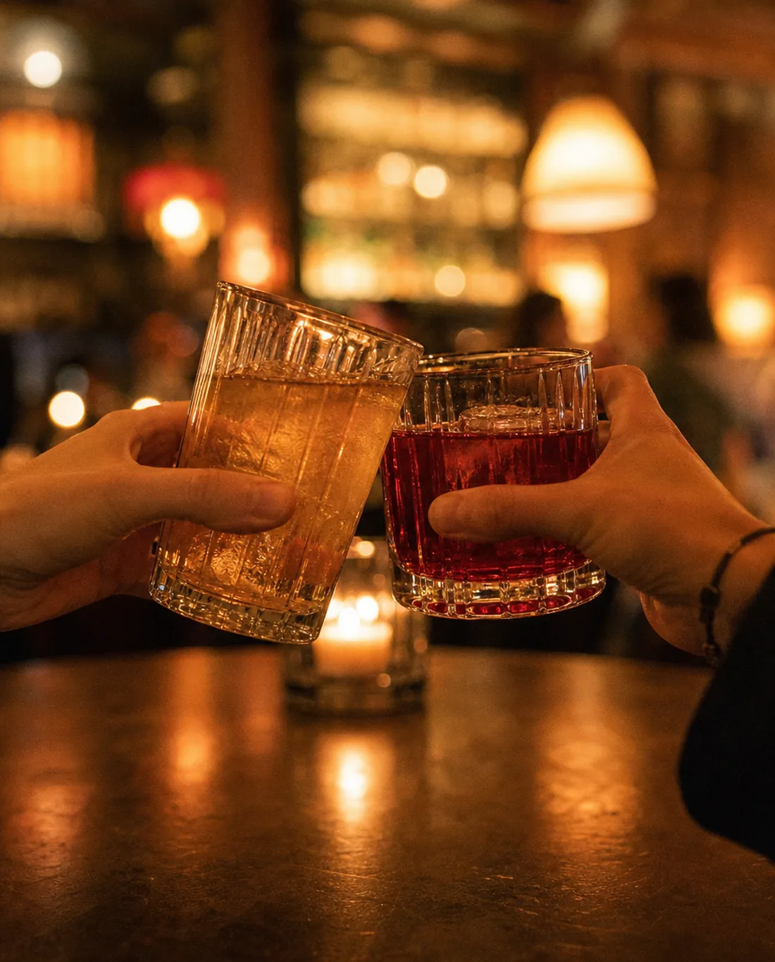 Two hands toasting with drinks at a bar