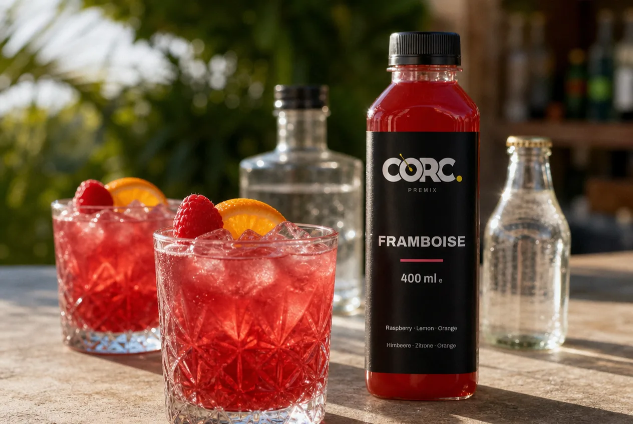 Two Framboise drinks between a gin bottle and a bottle of sparkling water