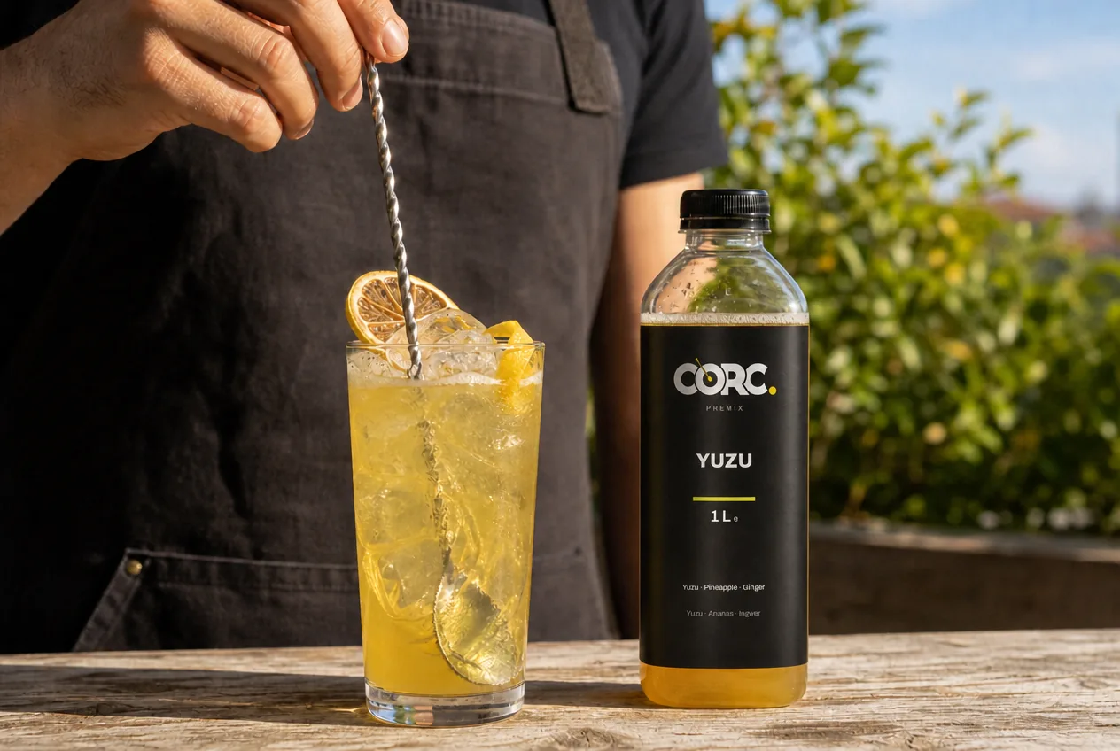 CORC Yuzu bottle beside a glass being stirred with a bar spoon