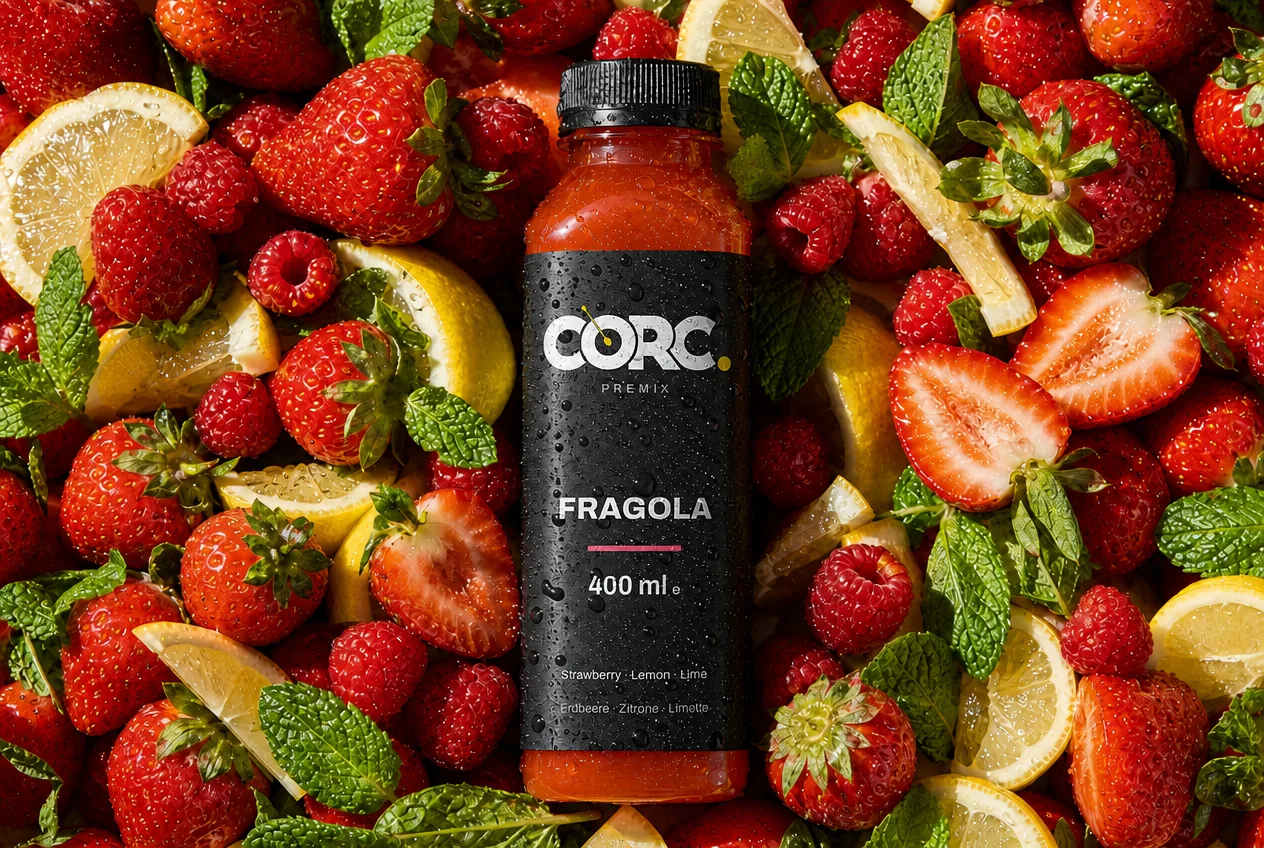 CORC Fragola bottle among fresh strawberries, raspberries, lemons and mint