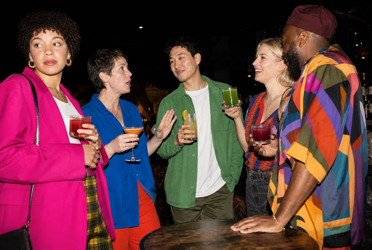 Guests talking around a high table, colourful drinks in hand