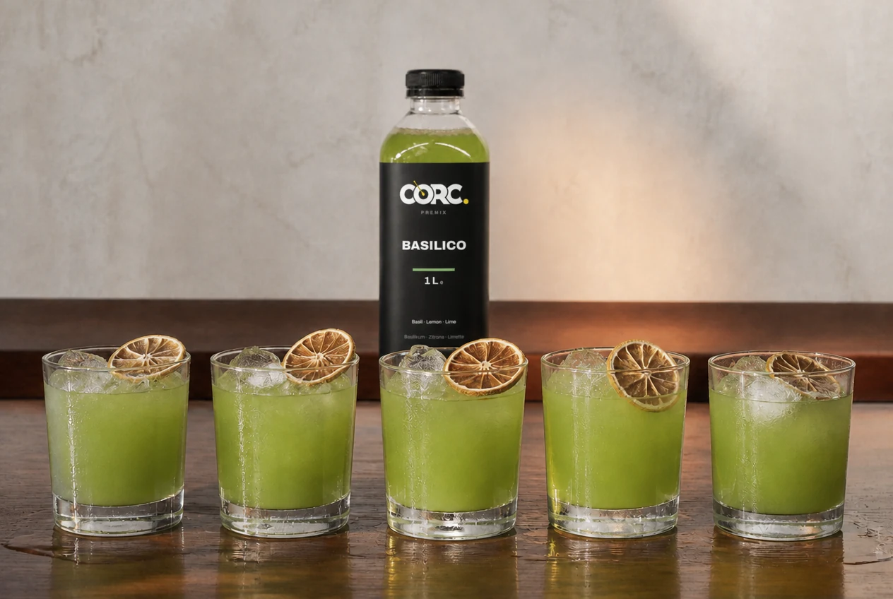 CORC Basilico bottle on a counter next to a row of finished drinks