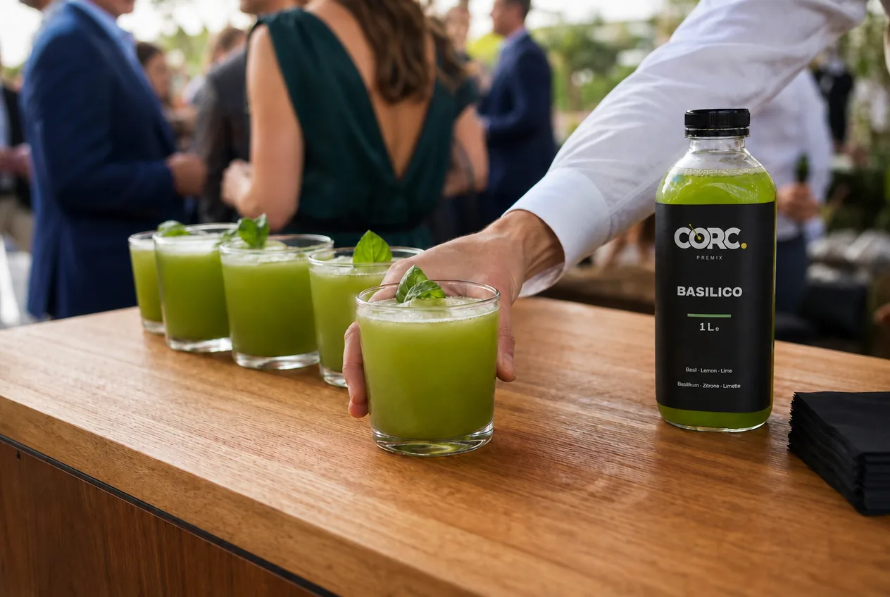 CORC Basilico bottle on a counter next to a row of finished drinks