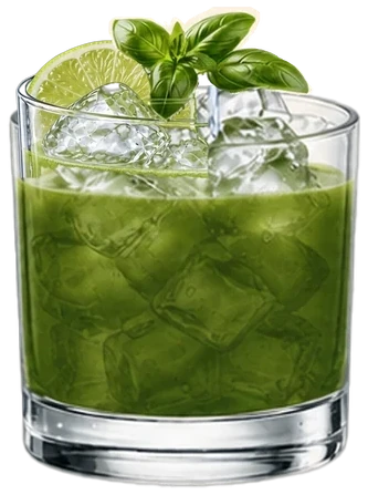 The finished drink with lime and basil